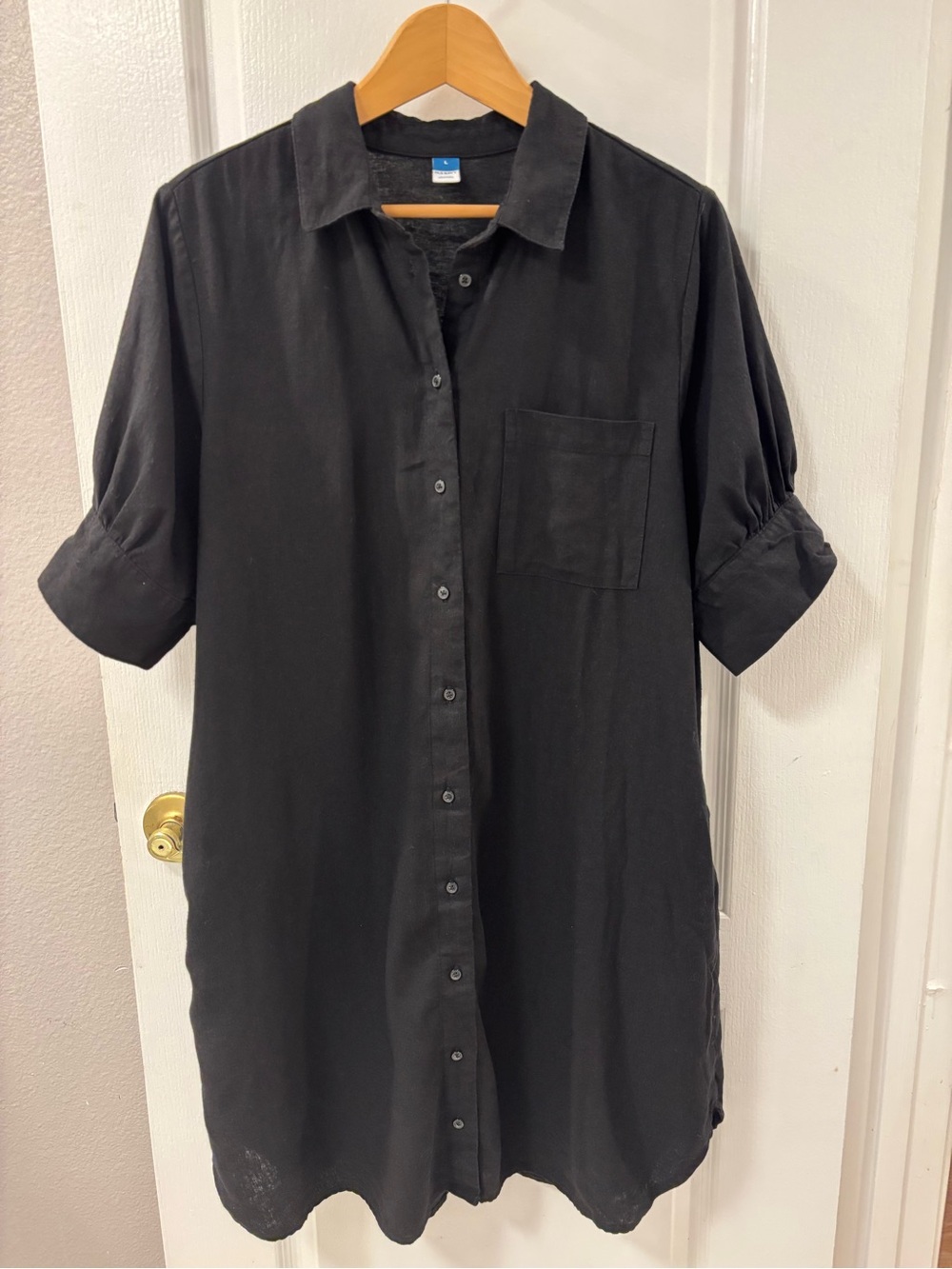 Old Navy Linen Blend Black Button Front Short Sleeve Shirtdress Pockets size L